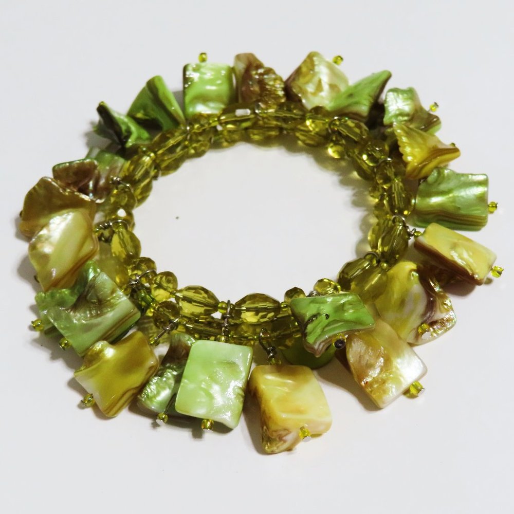 memory wire mother of pearl and glass charms wrap bracelet.